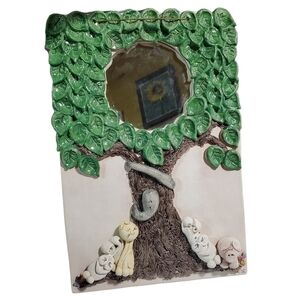 Clay molded Wall Art Mirror cute Tree with animals signed CK